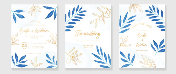 Wall Mural - Luxury wedding invitation card background vector. Watercolor botanical leaf branch in blue color theme with gold line art texture. Design illustration for wedding and vip cover template, banner.