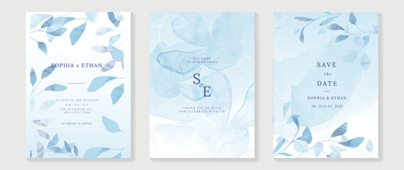Wall Mural - Luxury wedding invitation card background vector. Hand drawn botanical floral leaf branch in blue theme watercolor texture background. Design illustration for wedding and vip cover template, banner.