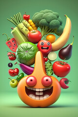 Cartoon happy foods vegetables and fruits selection characters, healthy food, vegan and diet clean eating selection on green background  Ai generative