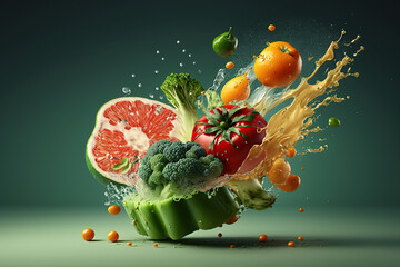 Splash levitation of organic foods fresh vegetables and fruits selection, healthy flying  food, vegan and diet clean eating on green background  Ai generative