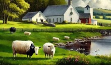  A Painting Of A Herd Of Sheep Grazing In A Field Next To A Lake And A Church With A Steeple In The Background,.  Generative Ai