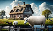  A Painting Of A Farm House With Sheep By A Pond And A House With A Thatched Roof And A Thatched Roof, With A Thatched Roof.  Generative Ai