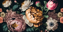 Embrace The Elegance Of Baroque Style With Vintage Floral Bouquet On Black Background - Perfect For Wallpaper Or Greeting Cards, Generative AI.