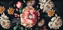 Embrace The Elegance Of Baroque Style With Vintage Floral Bouquet On Black Background - Perfect For Wallpaper Or Greeting Cards, Generative AI.