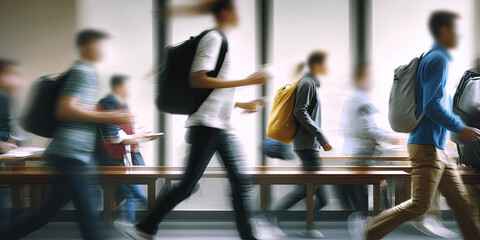 Students rush to class motion blurred faces. Generative ai.
