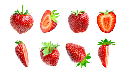 Wall Mural - Strawberry cut out. Ripe fresh red strawberry isolated on white background. With clipping path. Summer delicious sweet berry organic fruit, food, diet, vitamins, creative layout. Mockup