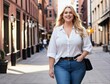 Confident overweight woman walking the city street. Generative AI