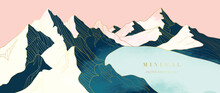 Luxury Mountain Wallpaper Design With Scenic Landscape. Watercolor And Gold Line Art Hills Background Vector. Design Illustration For Cover, Invitation, Packaging, Wall Arts, Fabric, Poster, Print.