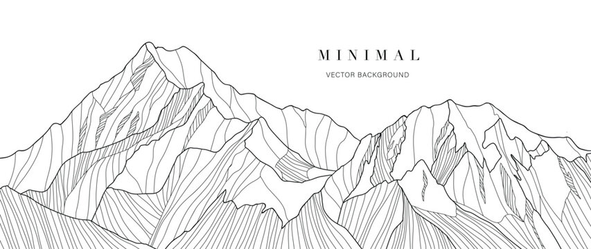 black and white mountain line art wallpaper. contour drawing luxury scenic landscape background desi