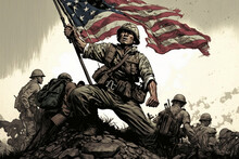 Illustration Of United States Marines Raising The Flag At Iwo Jima, US Marine Corps War Memorial, Generative Ai