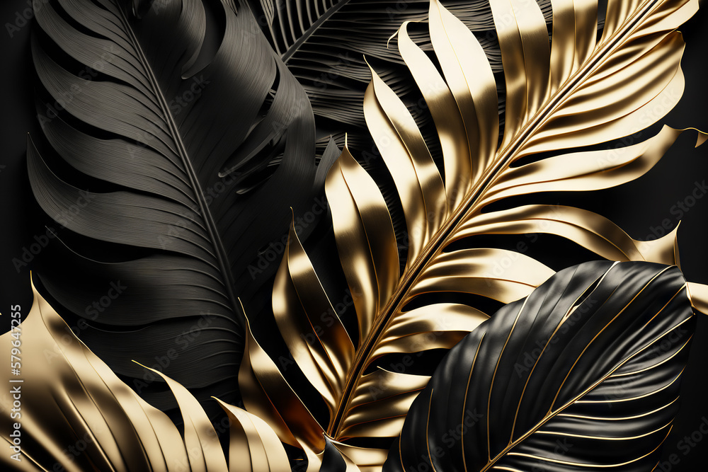 Black and gold tropical leaves background. Golden foliage leaf texture ...