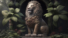 Majestic Lion Sculpture In Jungle Landscape: Chinese Artwork