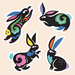 Stickers of Rabbits with folk ornaments inside
