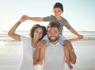 Poster - Happy family, portrait and beach holiday with parents bonding with their son, playful ocean fun. Love, travel and family time with young man and woman enjoying a sea trip with their smiling son