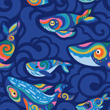 Fototapeta  - Cute seamless pattern with folk rainbow whales and blue waves