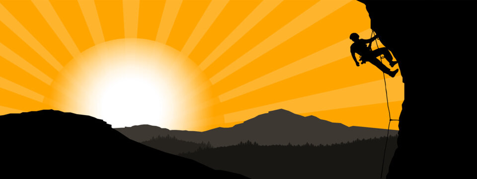 Fototapete - Climb adventure hobby vector illustration for logo - Black silhouette of a climber on a cliff rock with mountains landscape and sunset sunrise sunbeams as a background