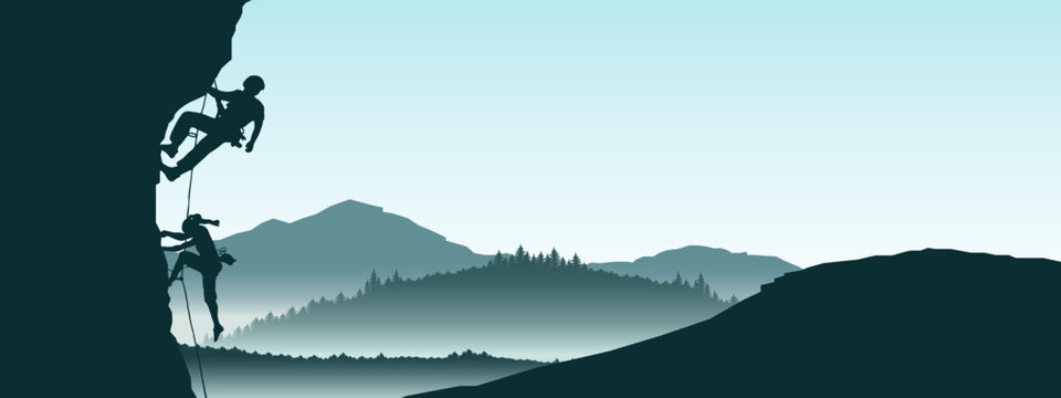 Fototapete - Climb climbers adventure hobby vector illustration for logo - Black silhouette of a climber woman and man on a cliff rock with blue misty fog mountains landscape in the morning as a background