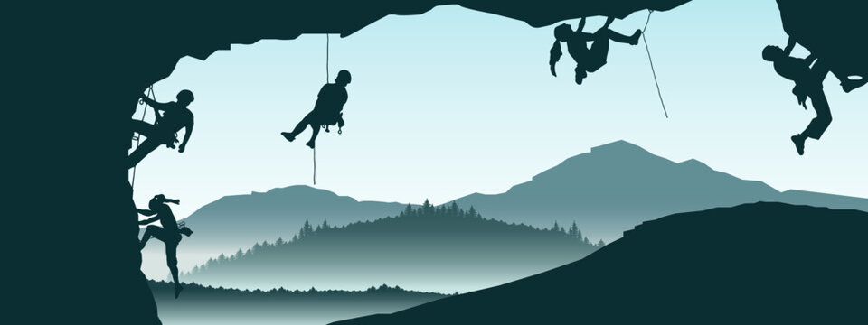 Fototapete - Climb climbers adventure hobby vector illustration for logo - Black silhouette of a climber woman and man on a cliff rock with blue misty fog mountains landscape in the morning as a background