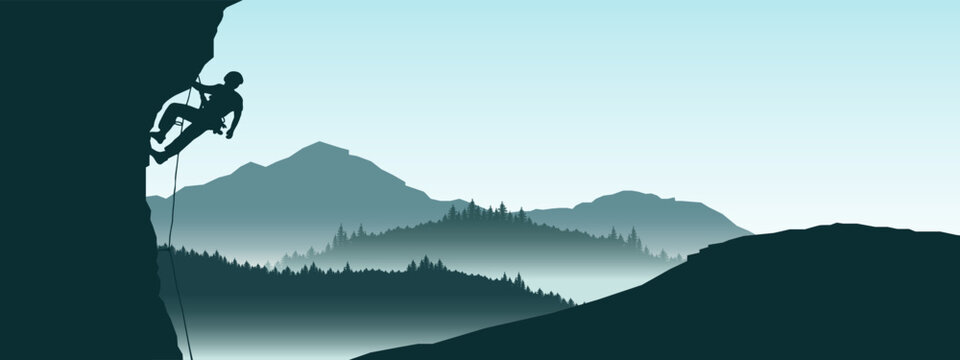 Fototapete - Climb adventure hobby vector illustration for logo - Black silhouette of a climber on a cliff rock with blue misty fog mountains landscape in the morning as a background