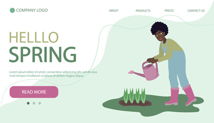 Woman digging up ground with shovel. Woman working in garden. Illustartion in flat cartoon style. Web page banner