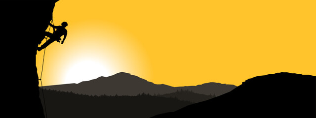 Wall Mural - Climb adventure hobby vector illustration for logo - Black silhouette of a climber on a cliff rock with mountains landscape and sunset sunrise as a background