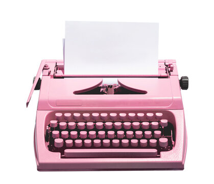 Wall Mural -  - Retro pink typewriter with empty page. Isolated on transparent white
