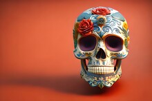 Mexican Skull For  Day Of The Dead With Flowers. Dia De Los Muertos. México. Ai Generative