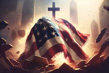 American Flag With A Christian Cross, Faith And Patriotism, Church And Military, Generative Ai 