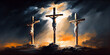 Three crosses on Calvary oil painting art style symbolic of the crucifixion of Jesus Christ