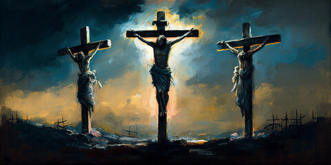 three crosses on calvary oil painting symbolic of the crucifixion of jesus christ created with gener