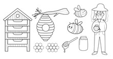 Black And White Bee And Honey Elements Set. Beekeeper Girl Holding A Jar With Honey, Hive, Pollen, And Other Farm Objects In Cartoon Style Collection For Coloring Book. Vector Illustration