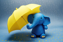Children's Toy Blue Elephant Hides Under Yellow Umbrella. Child Health, Autism Awareness Day. Illustration, Generative AI