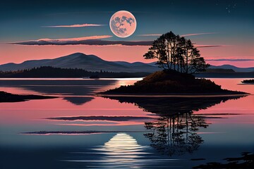 Wall Mural - Beautiful, full moon in the evening pink sky over the lake. Generative AI