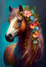 A Charming Portrait Of A Horse With A Dynamic Pose Is Depicted In This Stunning Oil Painting. The Horse Animal Is Set Against A Backdrop Of Delicate Florals. Generative AI.