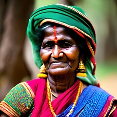 Wall Mural - Portrait, old elderly Hindu woman from a tribe. Indian warrior, Tribal. Looking at the camera. Generative AI.