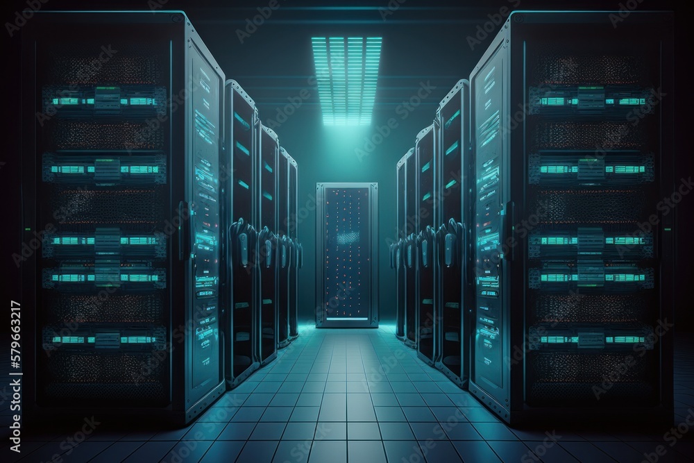 Big cloud data center, computer networking server room warehouse ...