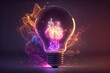 Light bulb with neon lights, abstract glowing background, digital illustration. Generative AI