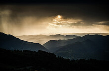 Banner Of Mountain Peaks In Beautiful Stormy Sunset Light