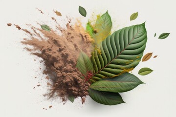 Generative AI powder flavored explosion white background with kratom leafs mockup for matcha tea