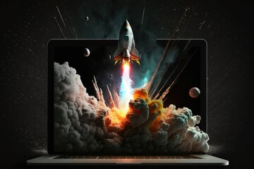 Illustration of rocket coming out of laptop screen, black background. Generative AI