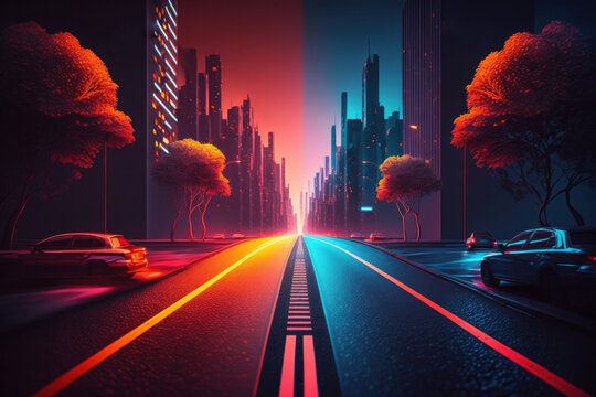 abstract highway path through digital smart city graphic design. peculiar ai generative