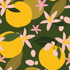 Wall Mural - Blossoming of oranges. Citrus tropical fruits on a green background with green leaves create a cute seamless pattern for printing on fabrics. Vector.