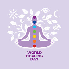 Wall Mural - World Healing Day vector illustration. Woman with aura sitting in yoga pose silhouette. Meditating person with chakras graphic design element. Alternative medicine vector. Esoteric symbol icon set