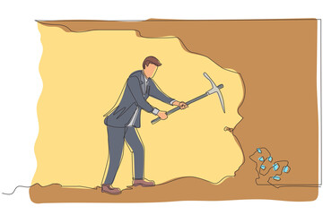 Poster - Single continuous line drawing businessman digging with pickaxe to get diamond. Worker digging and mining for diamond in an underground tunnel. Dynamic one line draw graphic design vector illustration