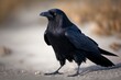 a close-up of a common raven, sometimes known as a black raven, on the ground. Generative AI