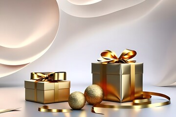 Gift boxes with golden bows. 3D realistic gift to present a cosmetic product mockup. Copy space banner for your text. Valentine's, birthday or Christmas 3d rendering. generative AI