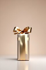 Gift box with gold bow. 3D realistic gift to present a cosmetic product mockup. Copy space banner for your text. Valentine's, birthday or Christmas 3d rendering. generative AI
