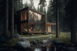 Eco friendly minimalistic architecture, appearance. Geometric house with windows in the forest, outdoors. Generative AI