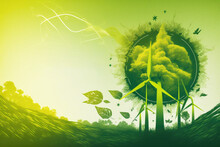 Ecology Theme And Banner Use, Earth Day And Clean Planet. Sustainable Energy To Contain Fresh Air. Green Deal Social Theme. 