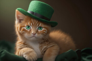 Ginger kitten in a green hat with copy space. St.Patrick 's Day. Photorealistic drawing generated by AI.	